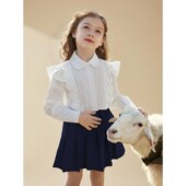 纯棉2025春秋装 开衫 开学礼中大童白色学院风上衣 衬衫 女童翻领长袖
