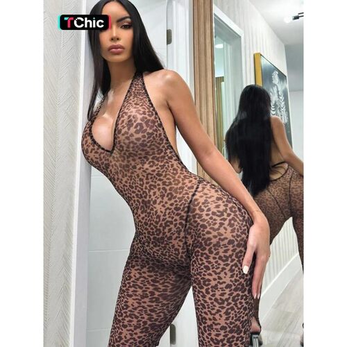 Womens Leopard Print Backless Halter Jumpsuit Casual