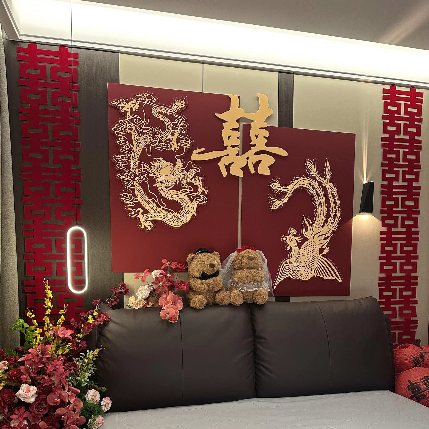 结婚布置婚房装饰拉花客厅新房场景布置龙凤喜字壁贴kt板用品
