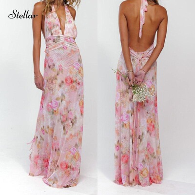Women Elegent Party Long Dress Sleeveless Halter Dress