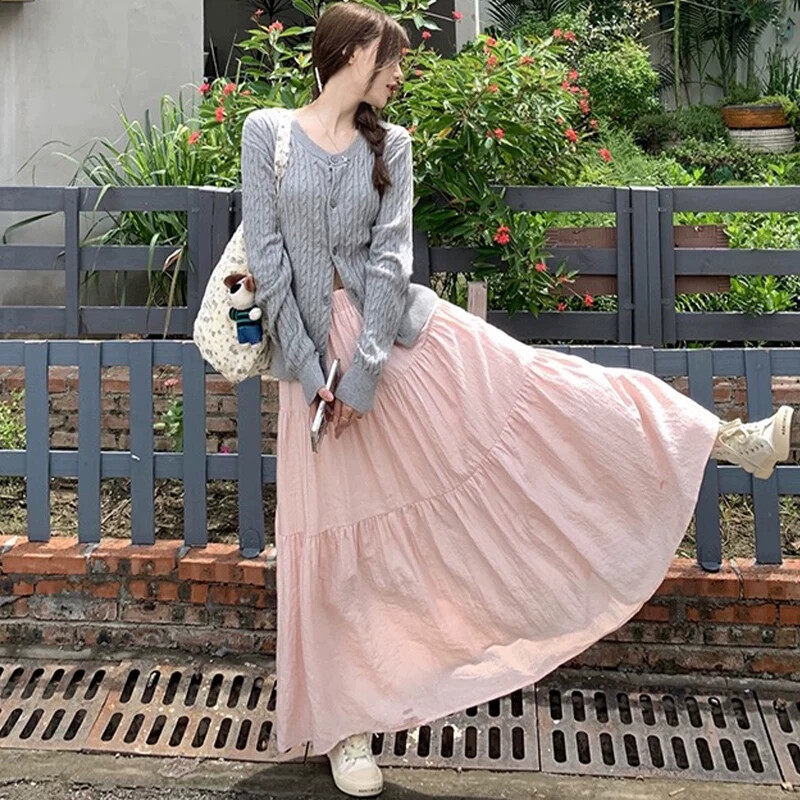 粉色半身裙女春秋夏季2026新款高腰显瘦a字长裙小个子蓬蓬蛋糕裙