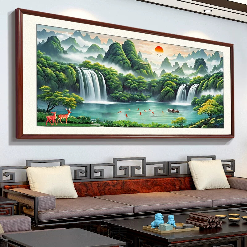 流水生财聚宝盆挂画 办公室国画风景装饰画 客厅背景墙高清挂画