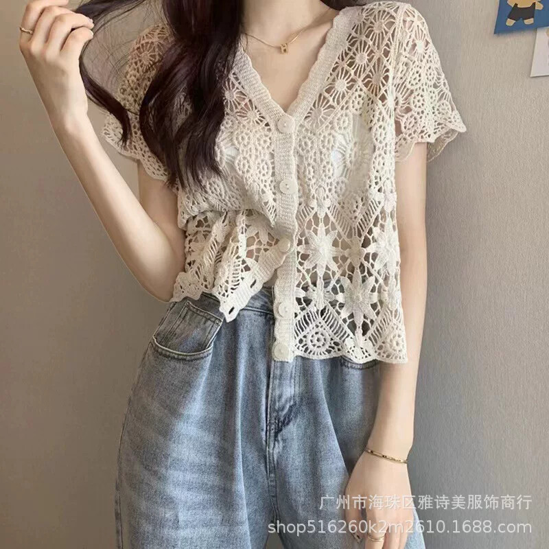 夏季短款外搭小披肩薄款镂空短袖小坎肩蕾丝开衫女百搭小外套2024