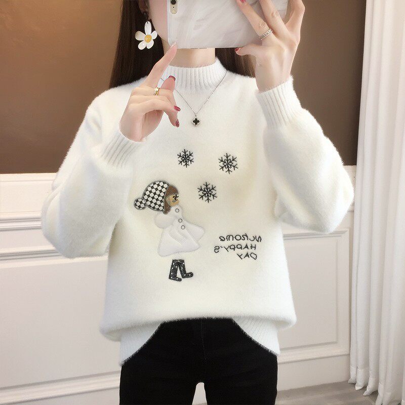 2025时尚水貂绒加绒加厚半高领学生初中高中女大童百搭秋冬套头短