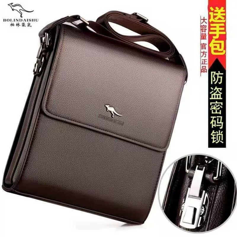 柏林袋鼠男士单肩包真皮翻盖休闲斜挎包密码锁斜肩包头层牛皮潮包
