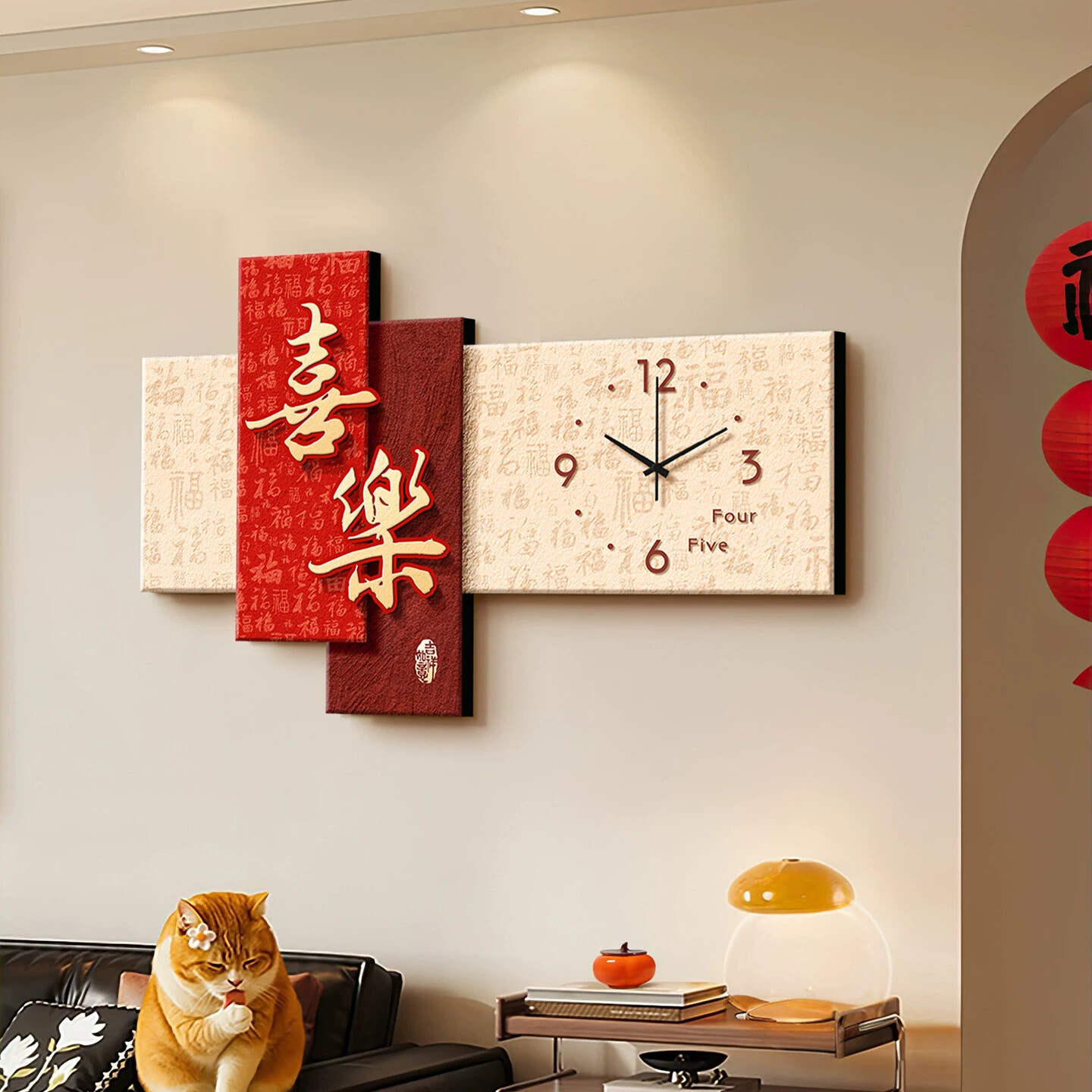 新年欢喜餐厅钟表装饰画中式客厅时钟挂画创意静音餐桌墙面挂钟画