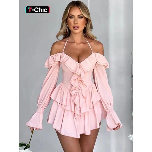 Womens Plain Off Shoulder Ruffle Halter Neck Fitted Vintage