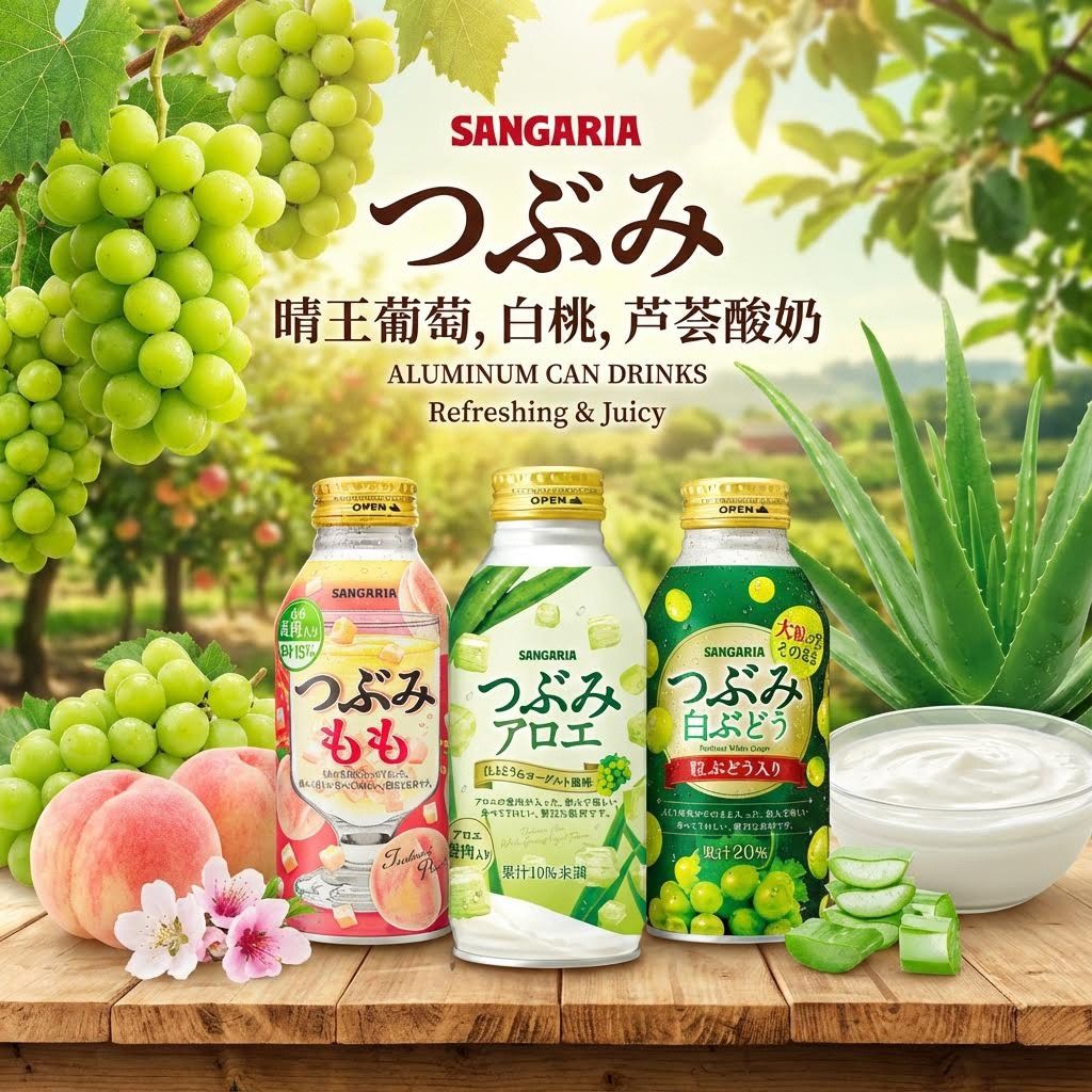 推荐!日本原装三佳利SANGARIA葡萄白桃芦荟果汁饮品饮料豪华铝罐
