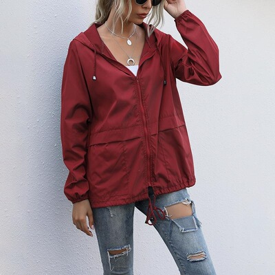 Women Water Resistant Hooded Jacket Solid Color Zipper Open