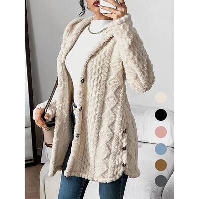 Women's Solid Color Fuzzy Hooded Jacket Casual Long Sleeve
