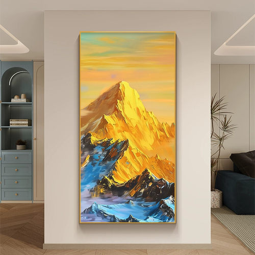 日照金山玄关装饰画入户走廊过道招财挂画客厅轻奢靠山图竖版壁画