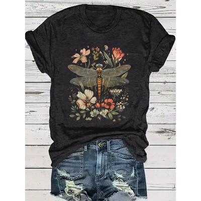 J 52671 Women's Short Sleeve T-Shirt 蜻蜓花卉T恤 欧美跨