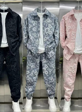 New 3D Relief Jacquard Shirt Jacket Two piece Pants Set