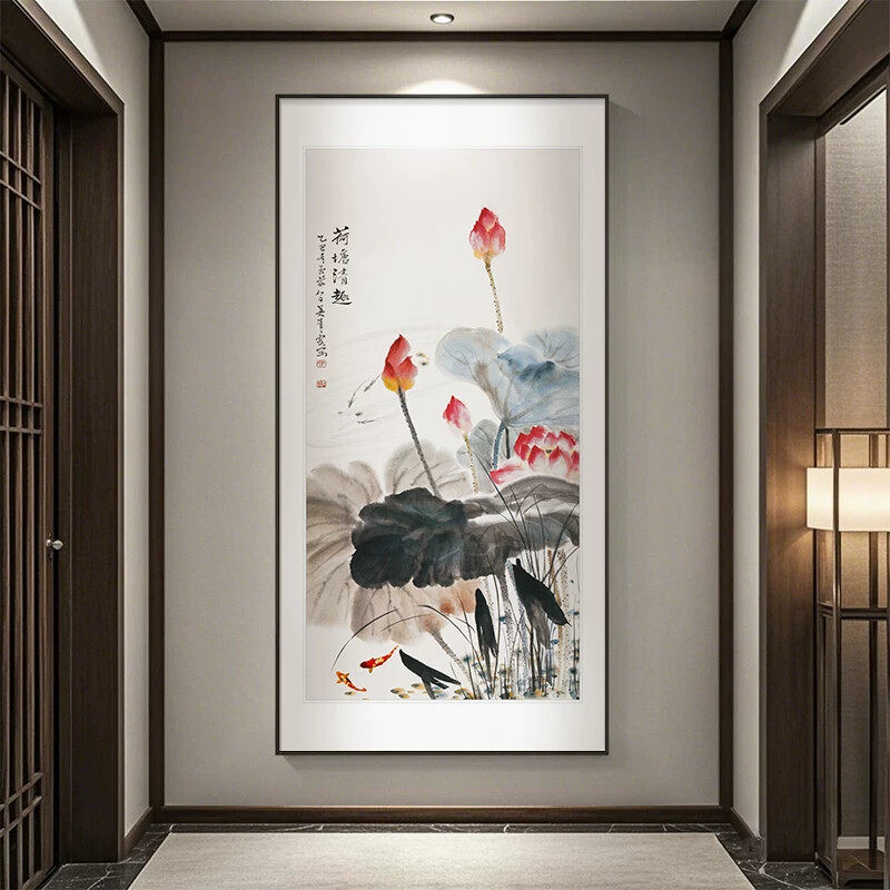 水墨荷花挂画新中式入户玄关装饰画招财锦鲤过道尽头壁画竖版国画