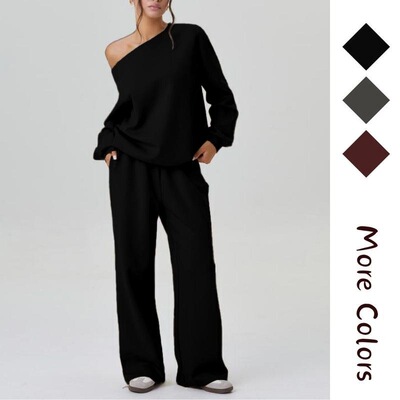 Womens Leisure Solid Color Sloping Shoulder Long Sleeve Top