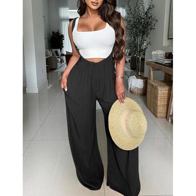 Womens Drawstring Tie Back Wide Leg Pocket Suspender Pants