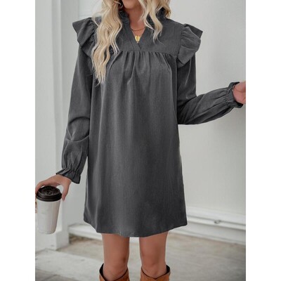 Women's Solid Ruffle Layered Sleeve Notched Tunic Dress