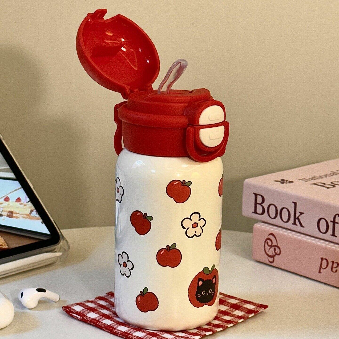 红苹果保温杯ins女生高颜值304不锈钢学生可爱便携式双饮儿童水杯