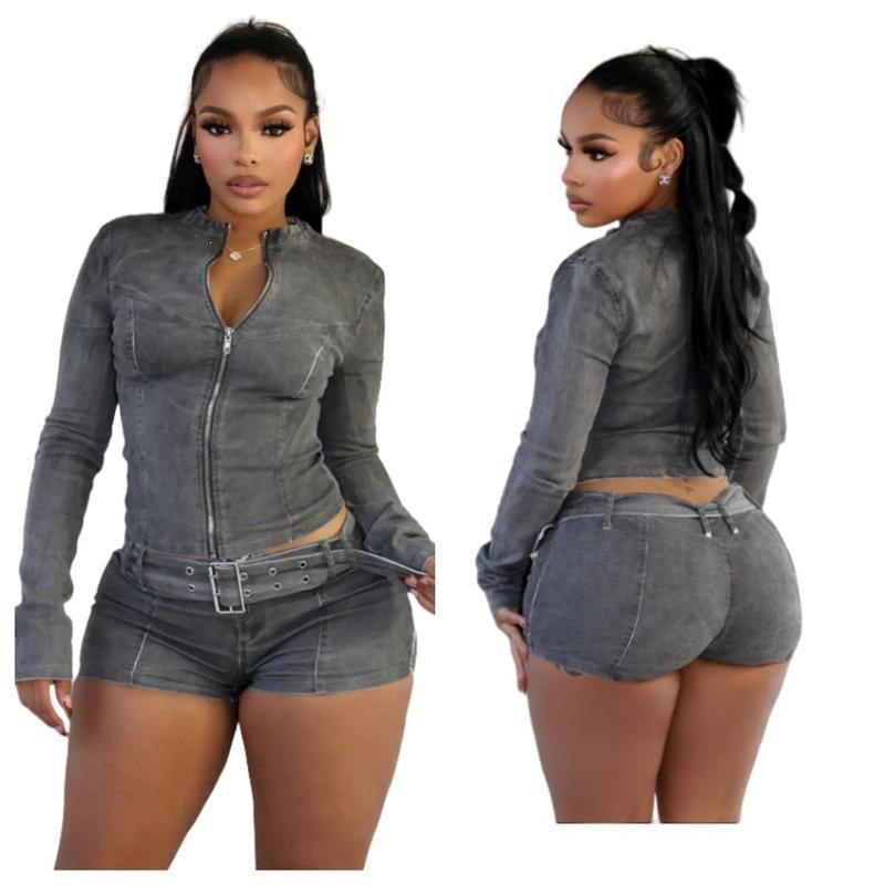 Denim Shorts Suit Mz88616 in Stock Long Sleeve Stretch