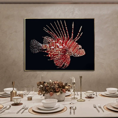 狮子鱼装饰画红红火火年年有余镶钻客厅轻奢餐厅酒店实物艺术挂画