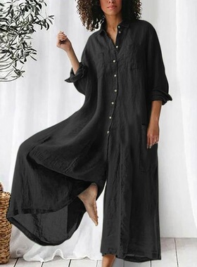 Womens Linen Button Down Long Sleeve Wide Leg Jumpsuit