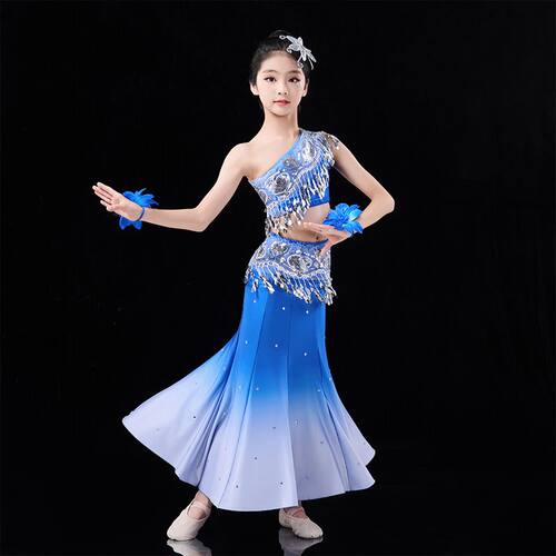 儿童傣族舞蹈演出服修身渐变鱼尾裙女童傣笠表演服幼儿练功练习裙