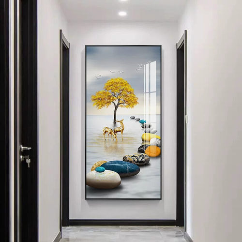 入户玄关装饰画过道现代简约壁画晶瓷镶钻轻奢竖版鹿挂画石来运转