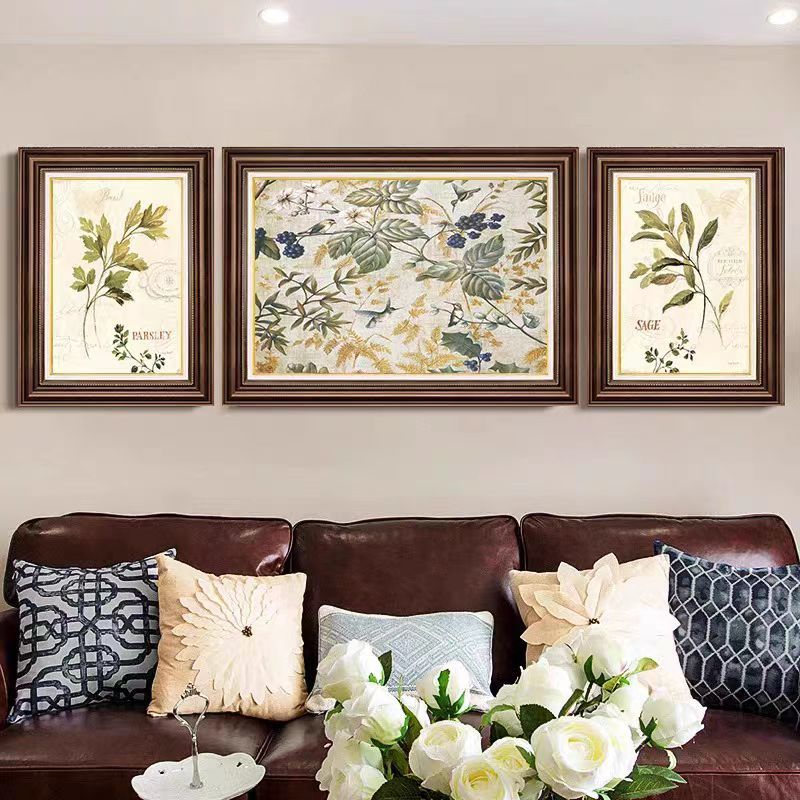 美式客厅装饰画沙发背景墙挂画三联复古油画大气画饭厅壁画向日葵