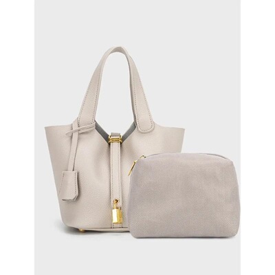 Textured Leather Tote Bag Set with Lock Mini Handbag with
