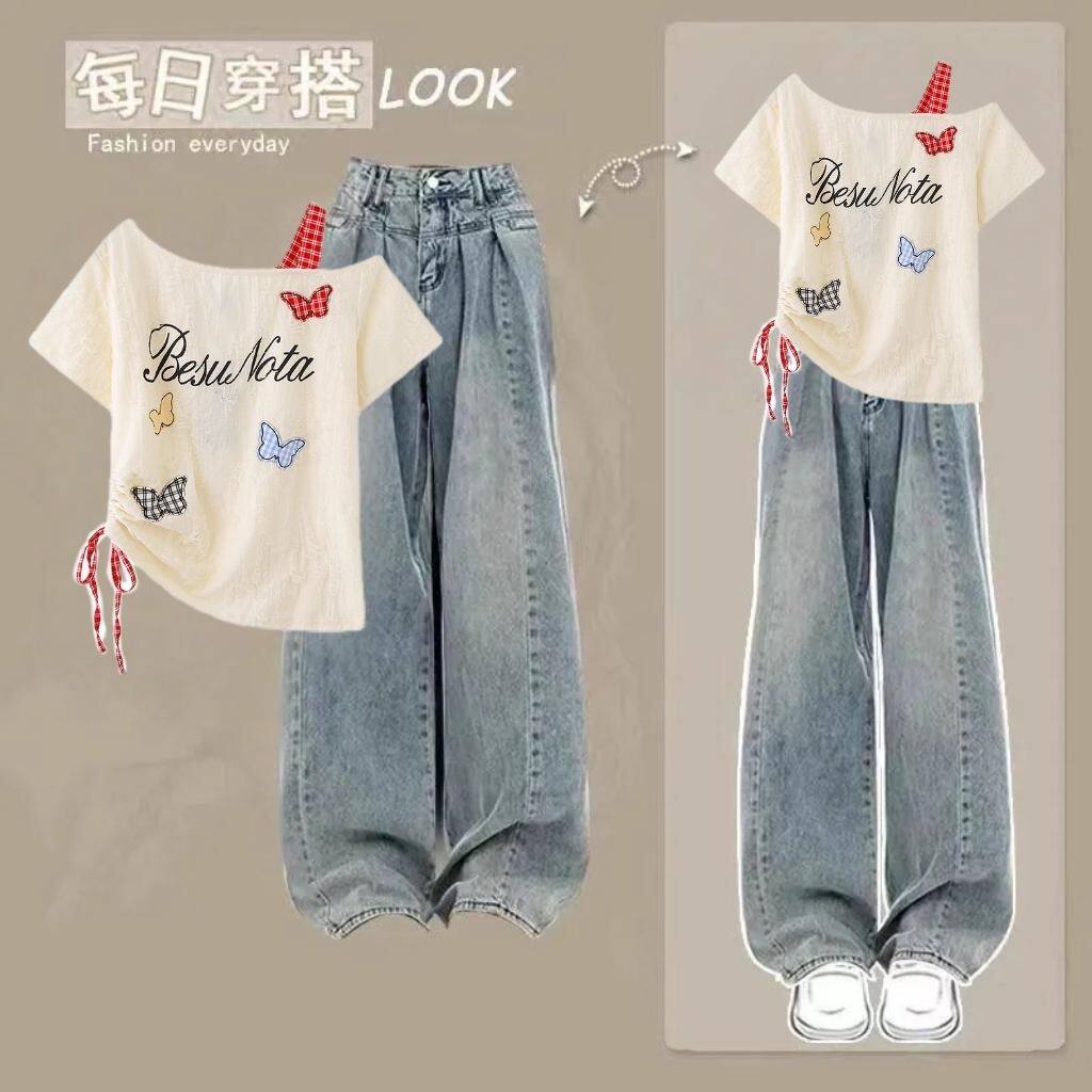中大童夏季新款时髦个性斜肩蝴蝶短袖上衣+复古遮肉牛仔裤两件套