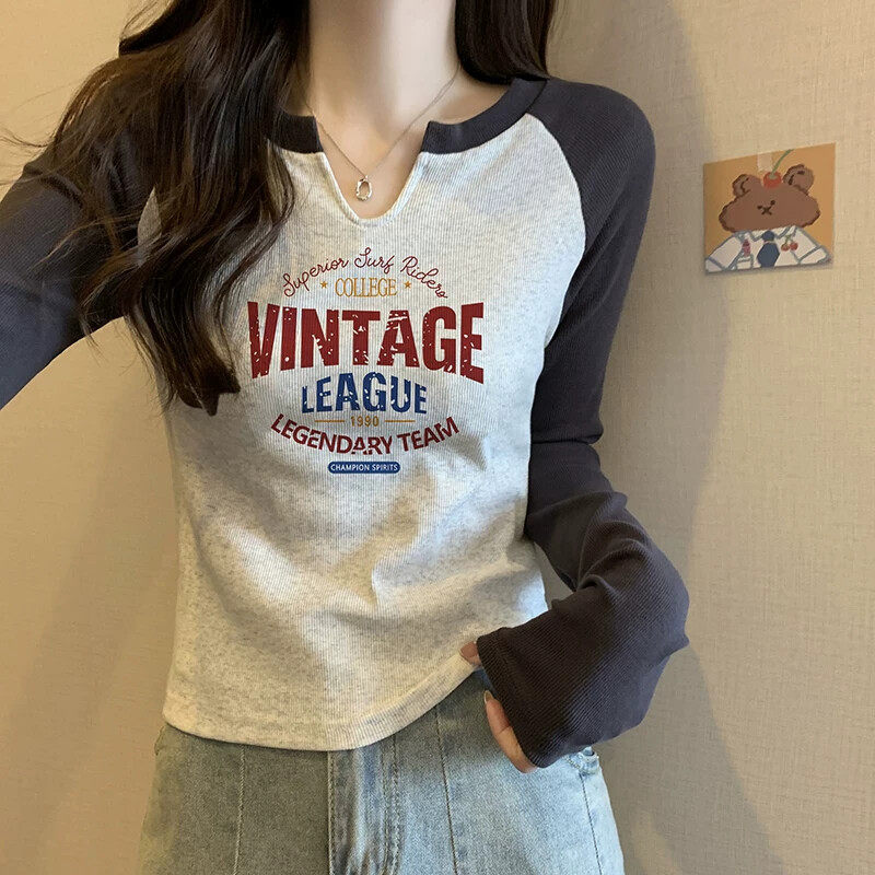 撞色插肩打底衫女秋冬内搭可外穿长袖t恤修身显瘦短款上衣高级感