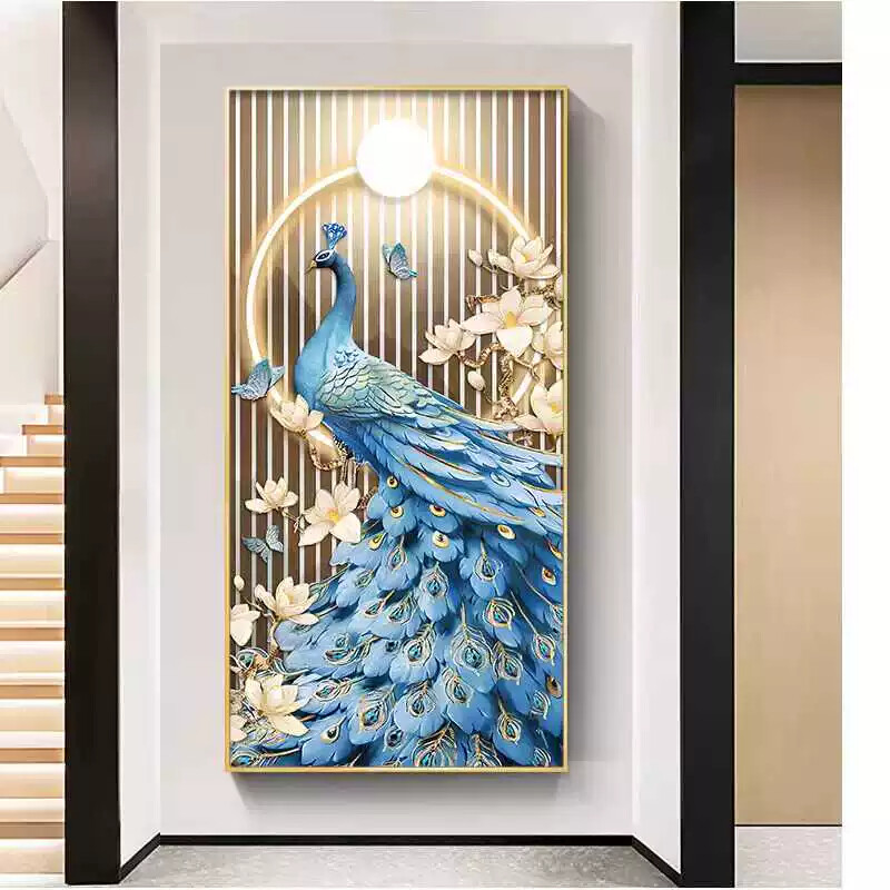 玄关装饰画过道走廊尽头壁画中式孔雀凤凰晶瓷镶钻客厅入户门挂画