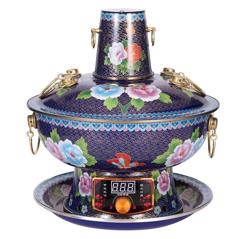 景泰蓝铜火锅纯紫通插电铜火锅老式纯铜锅家用珐琅彩清汤鸳鸯铜锅