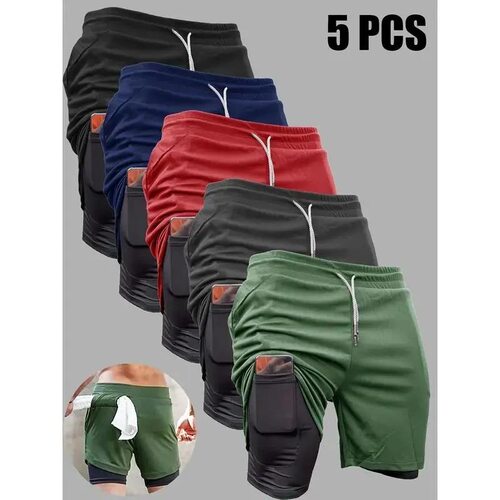 5pcs Mens 2in1 Double Layer Shorts With Inner Pocket High