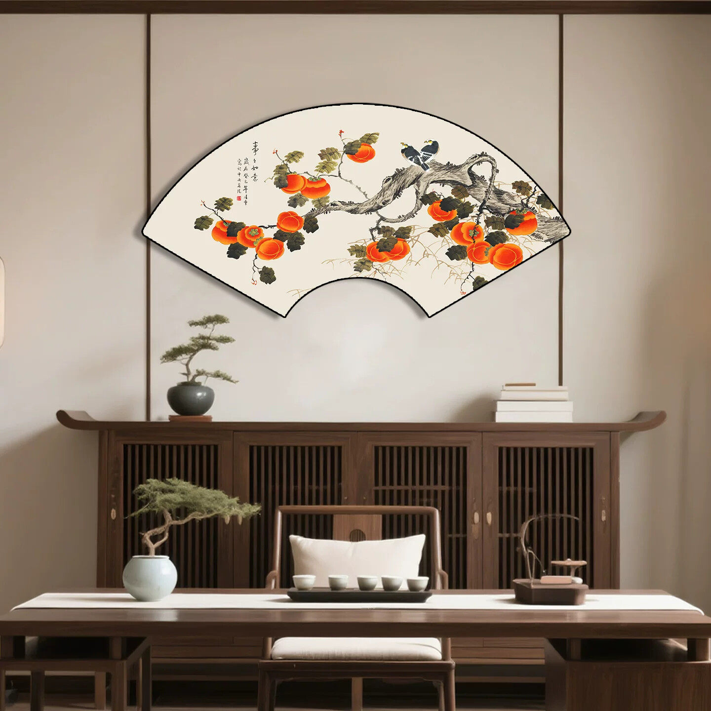 茶室扇形背景墙画客厅装饰画卧室床头挂画新中式扇面墙面餐厅壁画
