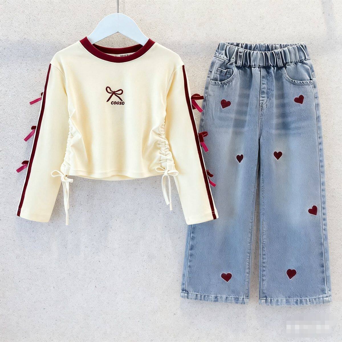 女童春秋套装2025新款小女孩秋冬打底衫牛仔裤中大童洋气两件套潮