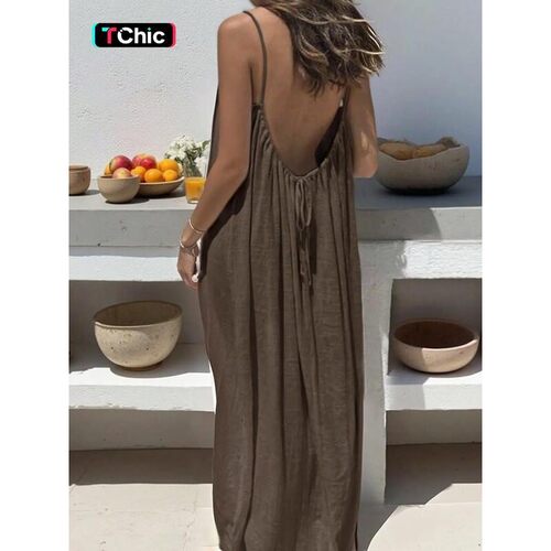 Pure Color Backless Strap Loose Fit Long Dress Casual
