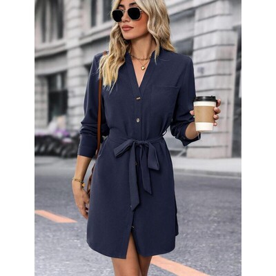 Women's Solid Color Button Front Belted Split Shirt Dress