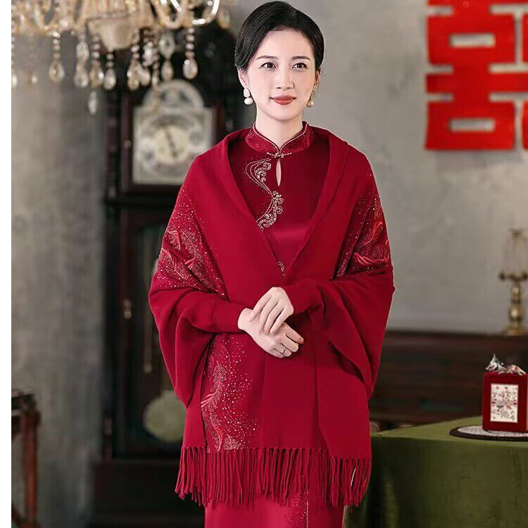 秋冬女羊绒披肩带袖子流苏外套婚礼喜妈妈高端配旗袍外搭斗篷加厚