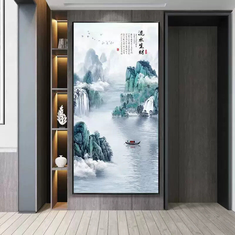 入户玄关山水画中式装饰画办公室挂画轻奢流水生财竖版走廊装饰画
