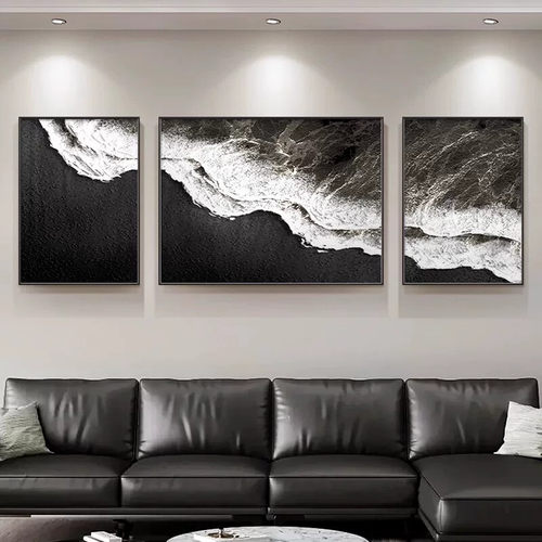 三联客厅装饰画黑色海滩背景挂画大气沙发背景墙挂画抽象海景图
