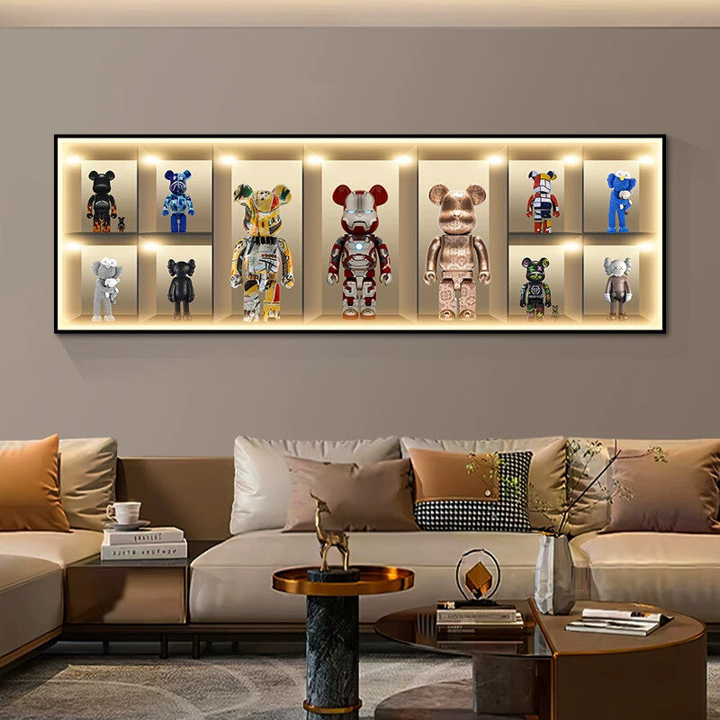 kaws暴力熊 沙发背景墙装饰画带led灯轻奢客厅挂画卧室横一整幅画