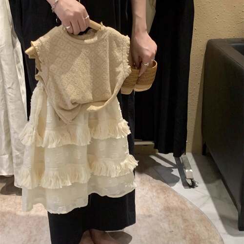 女童夏季套装新款儿童蕾丝背心流苏半裙两件套女宝宝提花无袖裙子