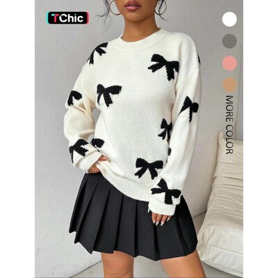 Womens Bow Print Drop Shoulder Sweater Casual Long Sleeve