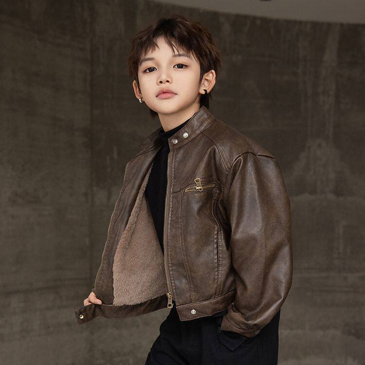 男童加绒皮衣秋冬季男孩洋气外套2025新款中大儿童洋气韩版皮夹克