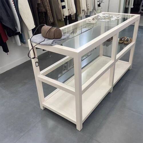 服装店胡桃色全实木中岛柜置物架陈列中间摆台饰品展示架玻璃