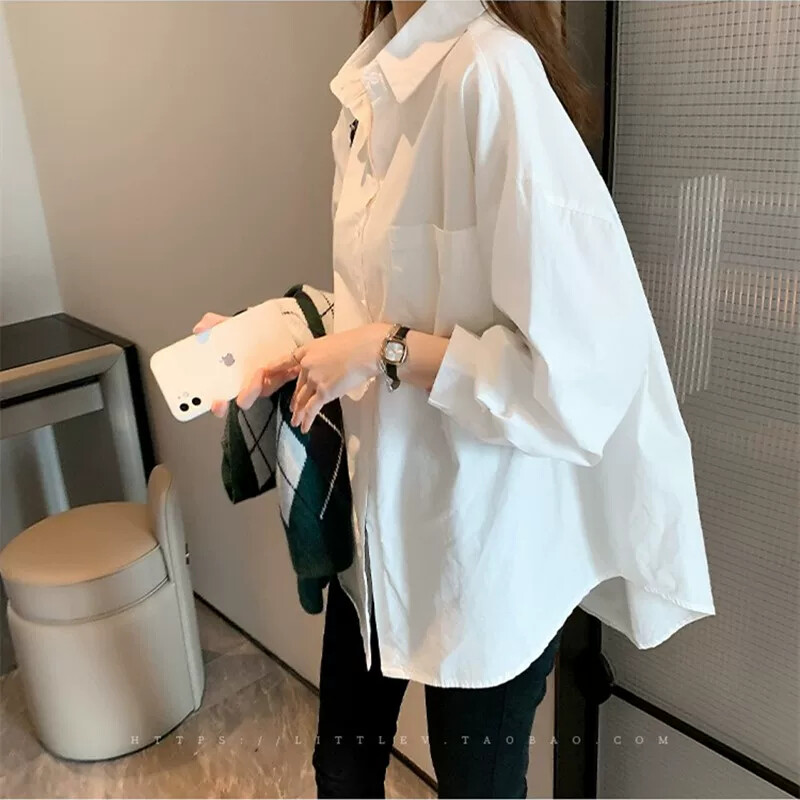 春秋休闲白衬衫女秋设计感小众上衣纯棉白色衬衣大码宽松慵懒高级