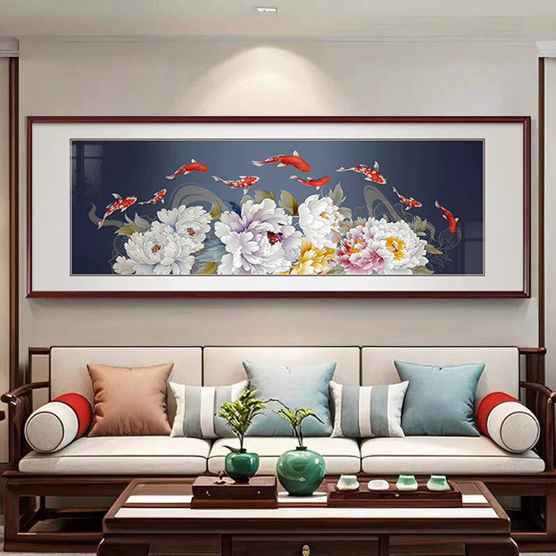 牡丹花新中式客厅装饰画大气九鱼图招财挂画红木沙发背景墙壁画