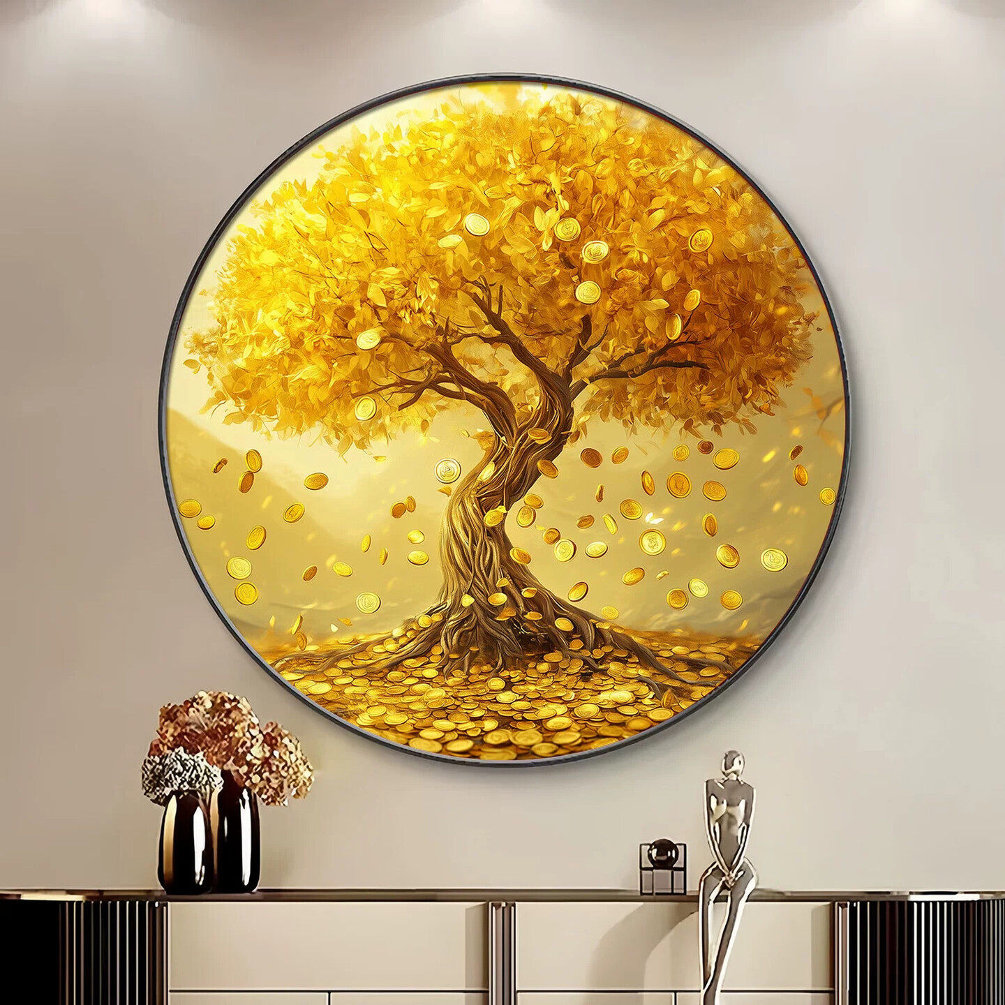 发财树玄关装饰画圆形带灯轻奢客厅挂画正对门走廊过道壁画