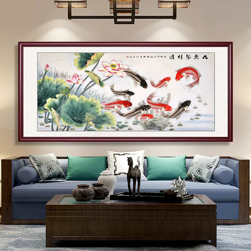 挂画九鱼聚财图客厅壁画九鲤图荷花画国画年年有余装饰画横版字画